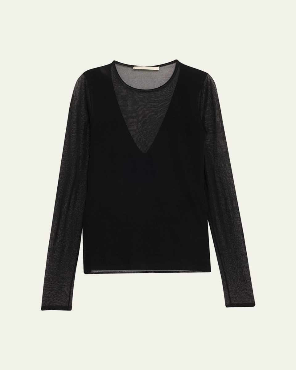 V-Neck Long-Sleeve Sheer Knit Top